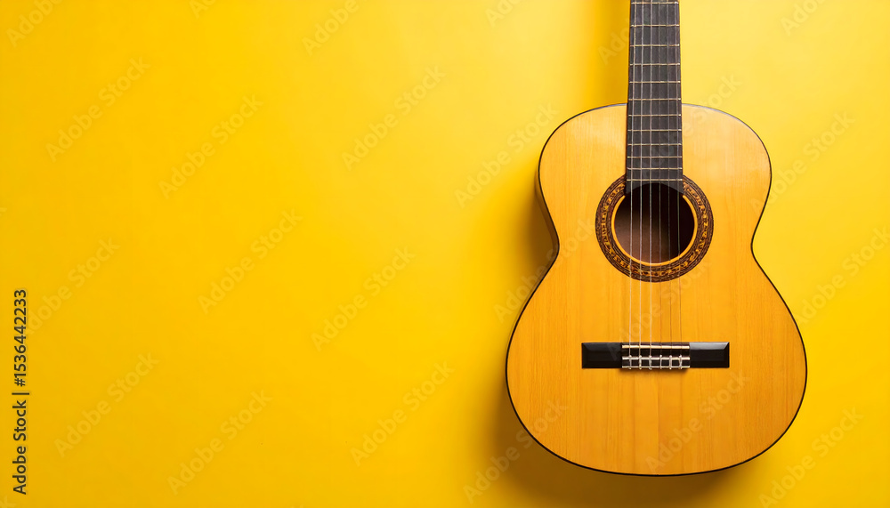 Obraz premium Acoustic Guitar Against Yellow Background Highlighting Warm Tones
