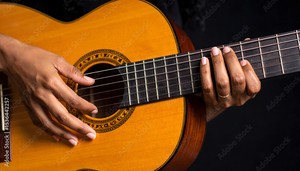 Fototapeta premium Person Playing Acoustic Guitar with Tattooed Wrist in Dark Setting