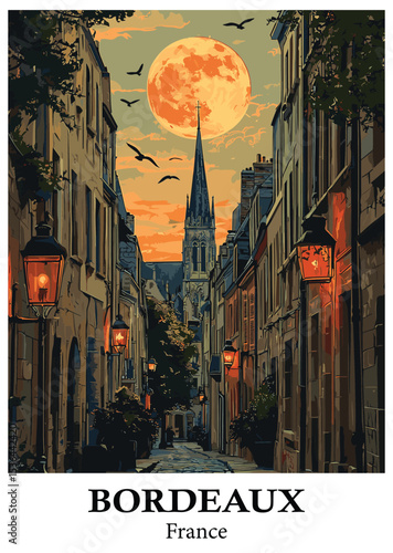 Bordeaux France Vector Illustration with Church and Street View.