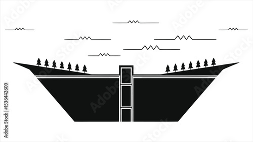 ( Hydroelectric Dam)Abstract vector illustration of a dam with forested hills./A minimalist, black and white graphic design of a dam with stylized forested hills.