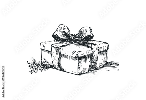 Hand-drawn gift box with ribbon and bow sketch. Vector retro hand drawn illustration