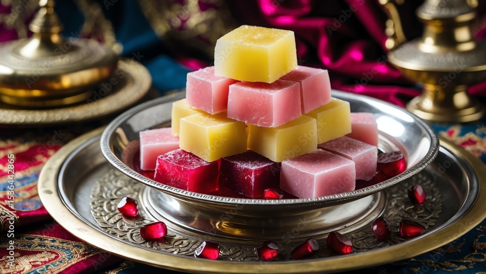 Stacked Fruit Jelly on Silver Plate with Pomegranate Seeds Stacked Fruit Jelly on Silver Plate with Pomegranate Seeds