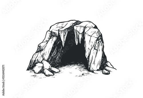 Sketch of a rocky cave entrance with jagged edges. Vector retro hand drawn illustration