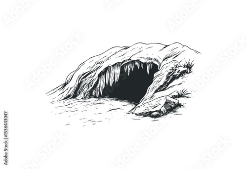 Monochrome sketch of an ice cave with stalactites and rocky surroundings. Vector retro hand drawn illustration