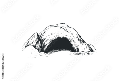 Sketch of a rocky cave entrance in a minimalist style. Vector retro hand drawn illustration