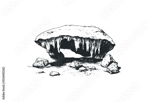 Ancient stone structure with rock formations. Vector retro hand drawn illustration