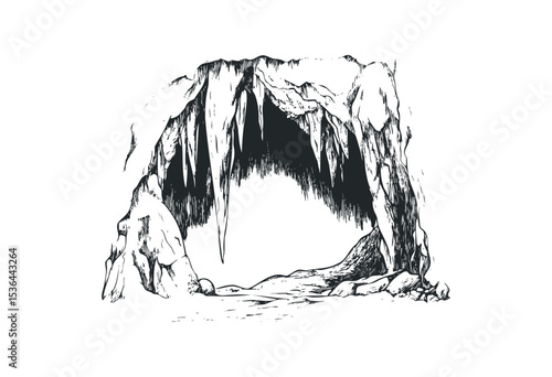 Detailed pen and ink drawing of a cave entrance with stalactites and stalagmites. Vector retro hand drawn illustration