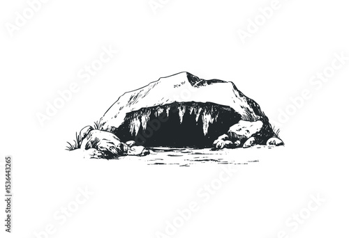 Monochrome illustration of a natural cave with surrounding rocks. Vector retro hand drawn illustration