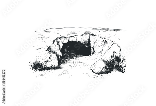 Natural cave with rocky entrance illustration in desert terrain. Vector retro hand drawn illustration