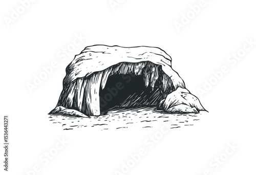 Black and white sketch of a natural cave. Vector retro hand drawn illustration