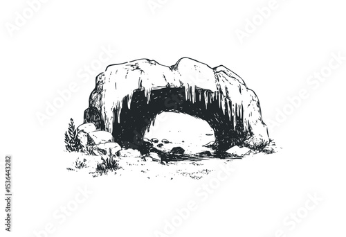 Sketch of natural rock formation with cave opening and vegetation. Vector retro hand drawn illustration