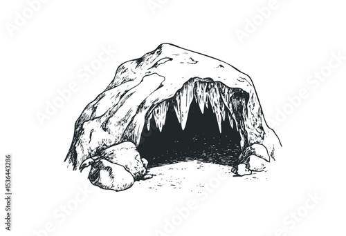 Illustration of a rocky cave entrance with stalactites. Vector retro hand drawn illustration