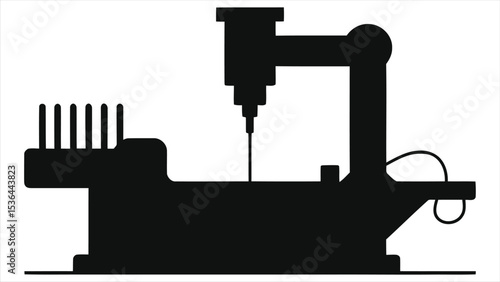 ( Injection Molding Machine)Vector Silhouette of Industrial robot arm drilling a piece of metal/A simple, clean silhouette of an industrial robot arm performing a drilling operation on a metal