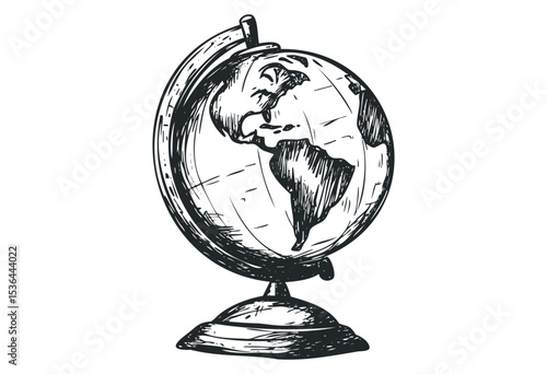 Detailed hand-drawn vintage globe with continents displayed. Vector retro hand drawn illustration