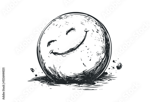 Smiling face sketch in circular design with grunge texture. Vector retro hand drawn illustration