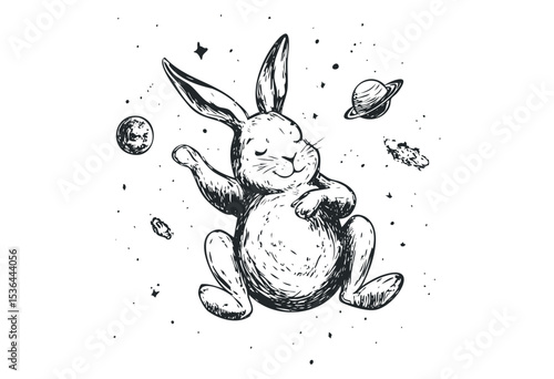 Cute hand-drawn space bunny with planets and stars in whimsical design. Vector retro hand drawn illustration