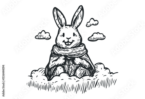 Happy cartoon bunny in scarf surrounded by clouds. Vector retro hand drawn illustration