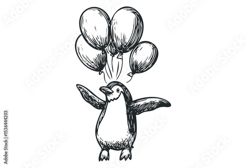 Illustration of a penguin flying with balloons in a whimsical pose. Vector retro hand drawn illustration