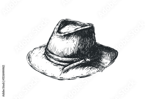Hand-sketched vintage fedora hat illustration with ribbon detail. Vector retro hand drawn illustration