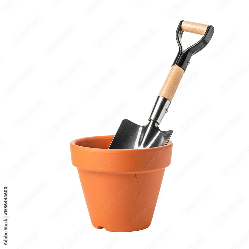Fototapeta premium Mini shovel in the pot isolated on transparent background
