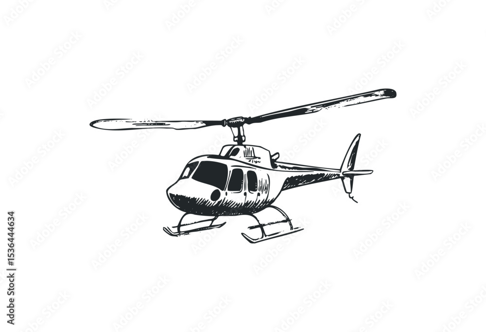 Fototapeta premium Detailed sketch of a helicopter with rotating blades. Vector retro hand drawn illustration