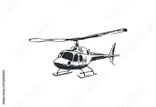 Detailed sketch of a helicopter with rotating blades. Vector retro hand drawn illustration