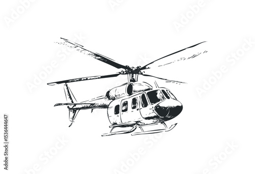 Detailed sketch of flying helicopter with rotor blades. Vector retro hand drawn illustration