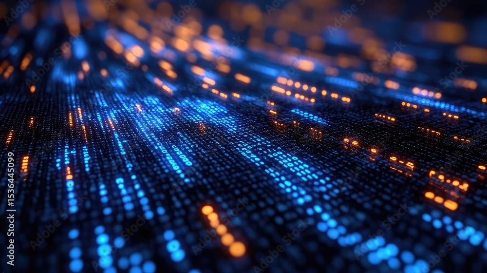 Abstract digital background with blue and orange lights and binary code pattern on a dark surface Abstract digital background with blue and orange lights and binary code pattern on a dark surface