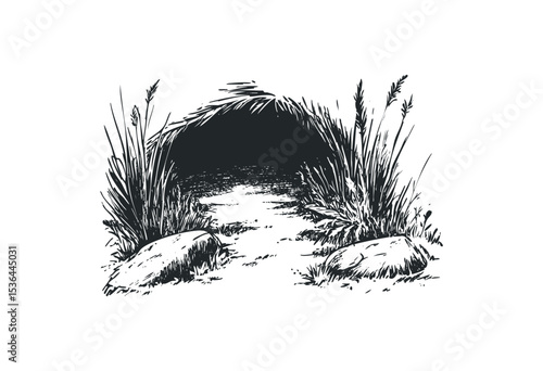 Natural cave entrance with rocky and grassy details in black and white sketch. Vector retro hand drawn illustration