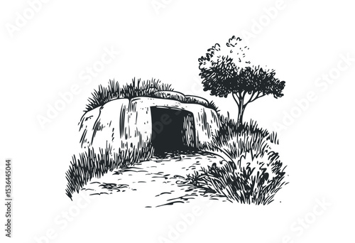 Ancient tomb with stone entrance and tree illustration. Vector retro hand drawn illustration