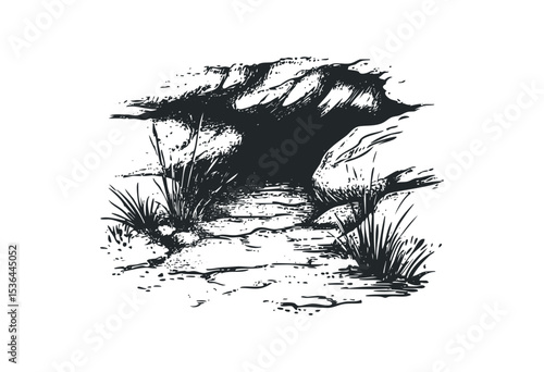Monochrome mountain landscape with grass and rocky path. Vector retro hand drawn illustration