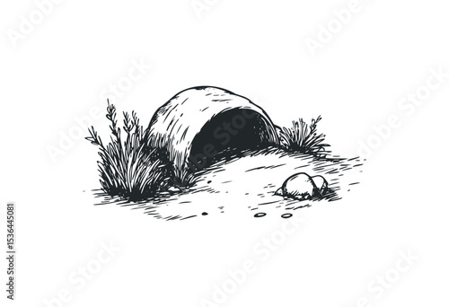 Sketch of rustic animal burrow with rocks and plants. Vector retro hand drawn illustration