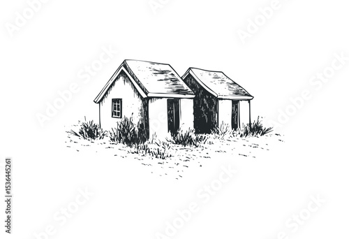 Two rustic farmhouses with vegetation sketch illustration. Vector retro hand drawn illustration