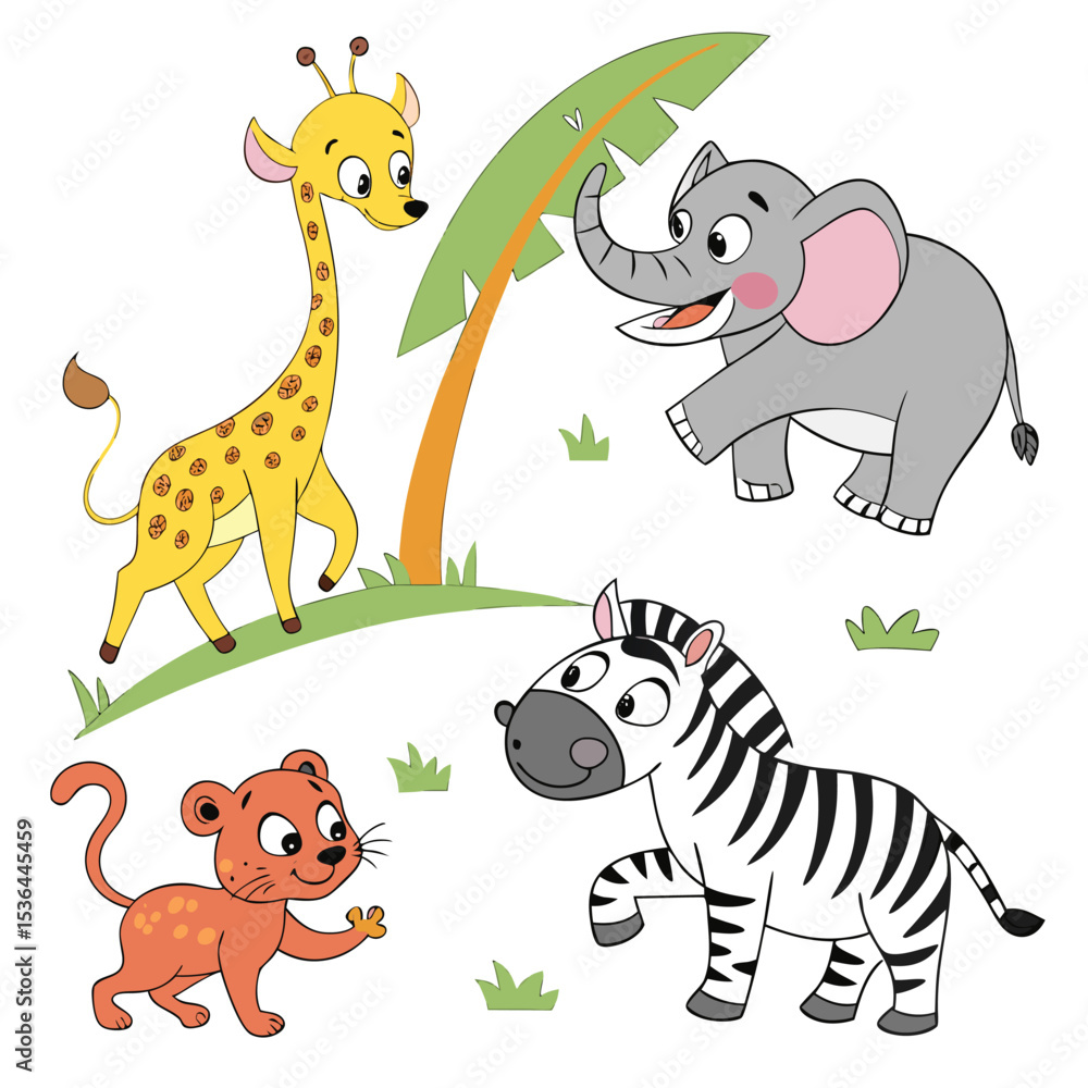 Obraz premium Playful cartoon jungle animals, including a giraffe, elephant, zebra, and cub, illustrated in a light-hearted style
