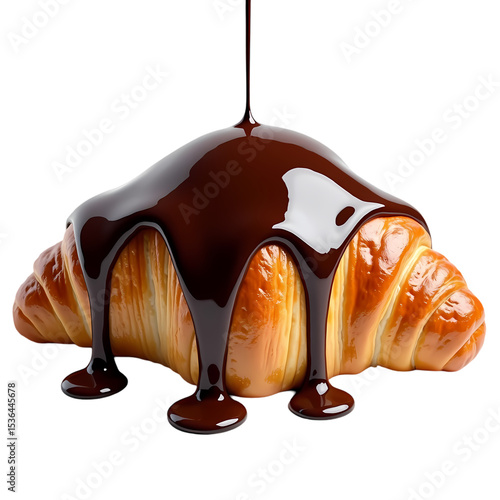 A croissant being drizzled with dark chocolate on isolated on transparent background