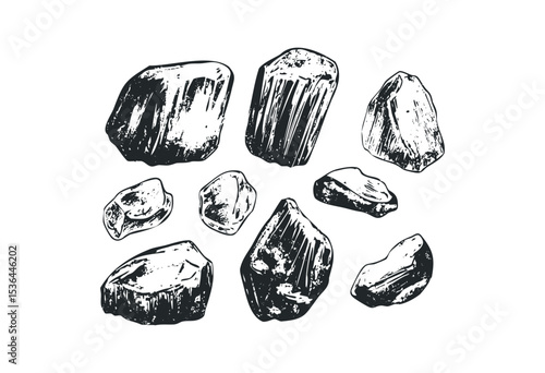 Hand-drawn sketch of rough gemstones in various shapes and sizes. Vector retro hand drawn illustration