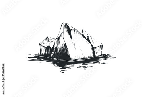 Monochrome iceberg illustration surrounded by water. Vector retro hand drawn illustration