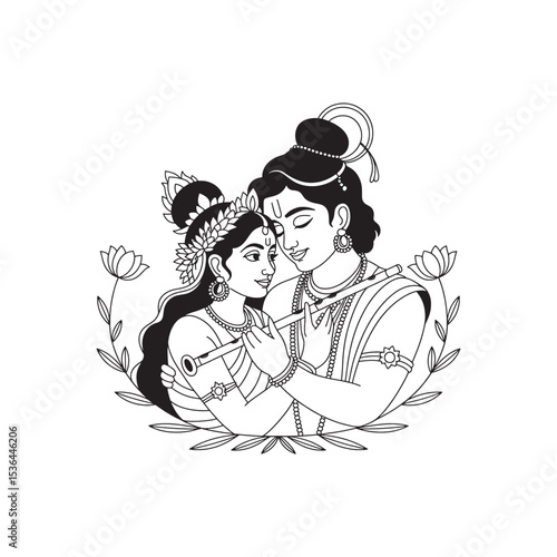 Divine Love of Radha Krishna – Traditional Indian Romantic, Devotion, Spiritual, Unity, Single  Line Art Illustration Traditional Decor with Floral Motifs