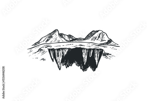 Floating island with mountains in black and white line art. Vector retro hand drawn illustration