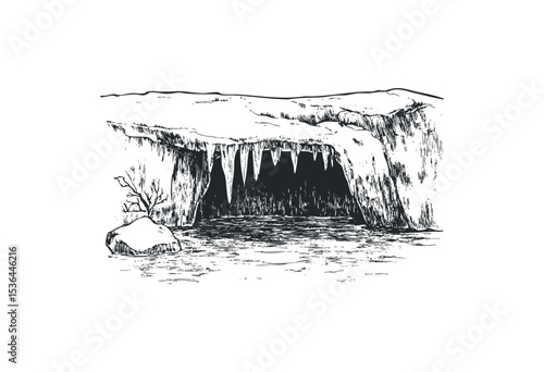 Monochrome sketch of icy cavern with icicles and water. Vector retro hand drawn illustration