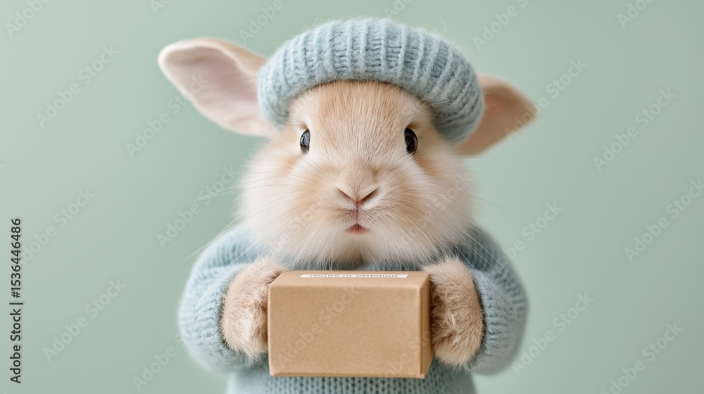 Fototapeta premium A rabbit in a knitted hat holds a small cardboard box, blending cuteness with delivery or gifting themes in a minimalist studio setting