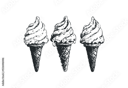 Vintage ice cream cones trio sketch in black and white. Vector retro hand drawn illustration