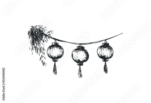 Traditional asian lanterns hanging with decorative foliage. Vector retro hand drawn illustration