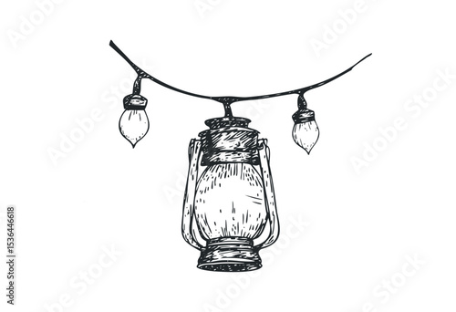 Hand-drawn vintage lantern hanging with bulbs in line art style. Vector retro hand drawn illustration