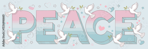 Peace text with doves and olive branches on pastel background – Ideal for anti-war campaigns, social justice graphics, or wellness branding