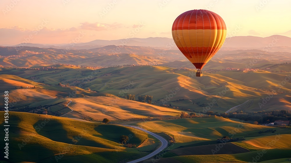 Obraz premium A vibrant hot air balloon floats gracefully over the rolling hills of Tuscany at sunset, casting a warm golden glow across the picturesque landscape below it.