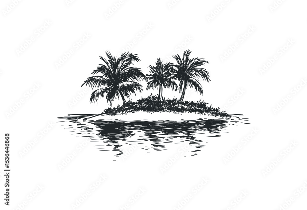 Fototapeta premium Tropical island with palm trees reflecting on water. Vector retro hand drawn illustration