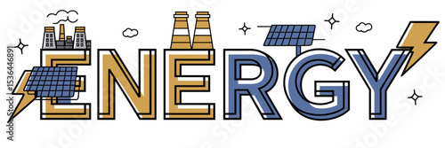 Vector text design of "Energy" with lightning bolts, solar panels, and power stations – Suitable for renewable energy infographics, electric branding, or technology-themed visuals.