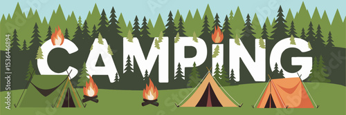 Forest camping typography with tents and trees – Perfect for nature retreat campaigns, forest tourism ads, or eco-adventure visuals.