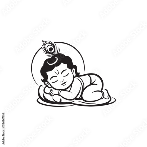 Cute Little Sleeping Baby Krishna Peacock Feather, Depicting the Hindu God for Krishna Janmashtami and Govardhan Puja 
